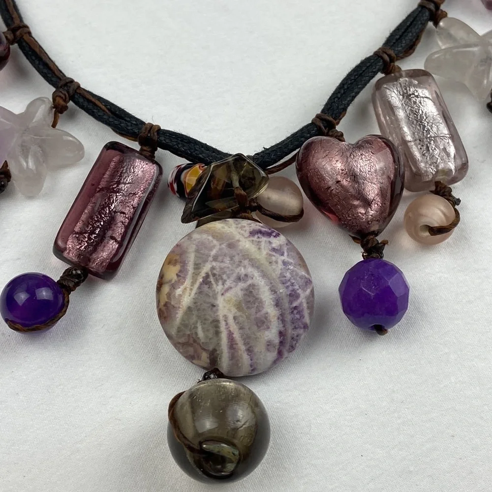 Corded braided dichroic glass polished stone w faceted Millefiori beads necklace